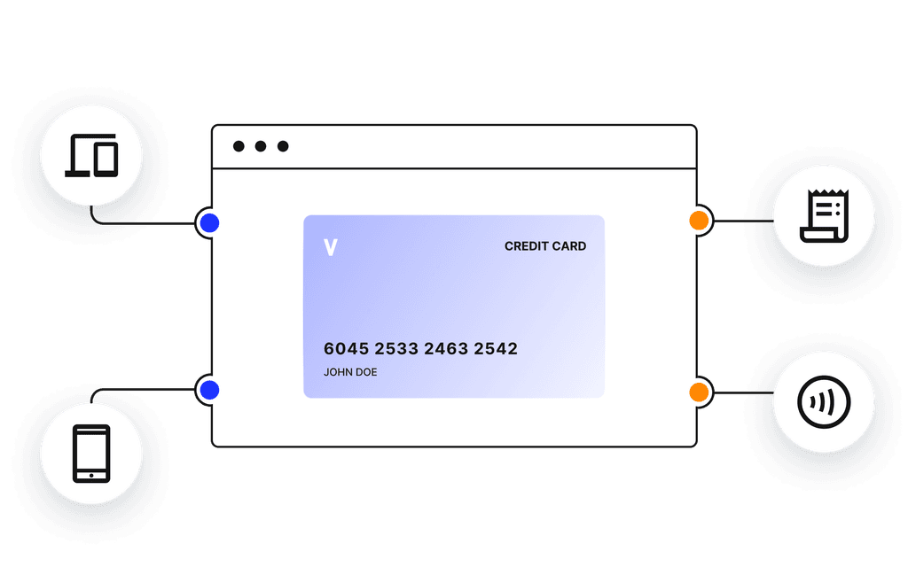 A virtual credit card shown on a web page, with icons floating around it