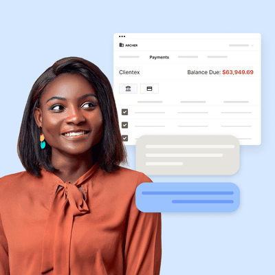 A woman smiles, while behind her floats an accounts receivable payment portal dashboard and some speech bubbles
